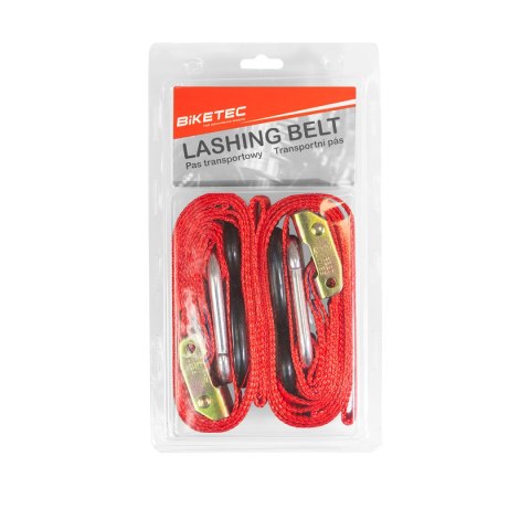 BIKETEC 2 PASY TRANSPORTOWE Z HAKIEM 38MM X 2M OBCIĄŻENIE DO 300KG, 2 PASY, KOLOR CZERWONY