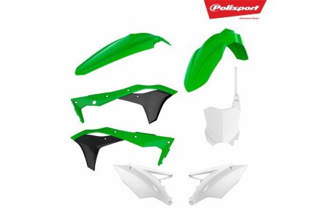 POLISPORT WYPRZEDAŻ KOMPLET PLASTIKÓW KAWASAKI KXF 250 '17-'20 W ZESTAWIE TABLICA PRZEDNIA (8665900002) KOLOR ZIELONO BIAŁY OEM