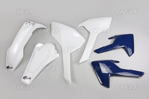 UFO KOMPLET PLASTIKÓW HUSQVARNA TE/TX 125/250/300 '17-19, FE 250/350/450/501 '17-19 KOLOR OEM (BIAŁY, OSŁONY CHŁODNIC NIEBIESKIE