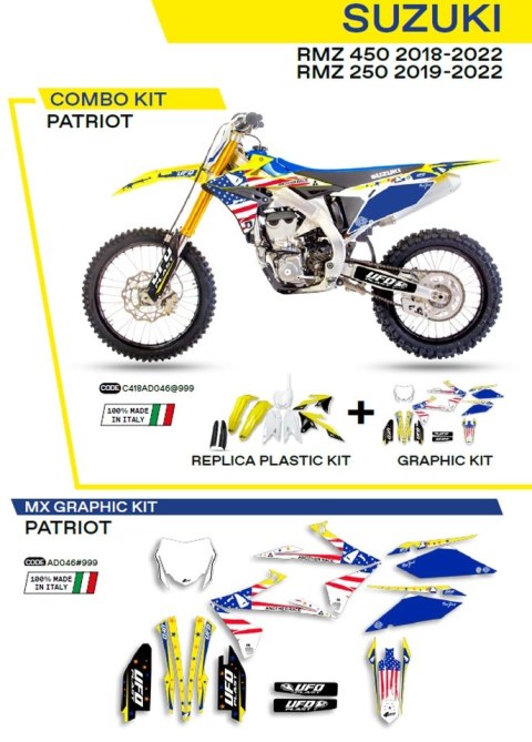 UFO KOMPLET PLASTIKÓW SUKIT418999 PLUS KOMPLET NAKLEJEK (OKLEIN) SUZUKI RMZ 250 '19-'22; RMZ 450 '18-'22 W ZESTAWIE PRZEDNIA TAB