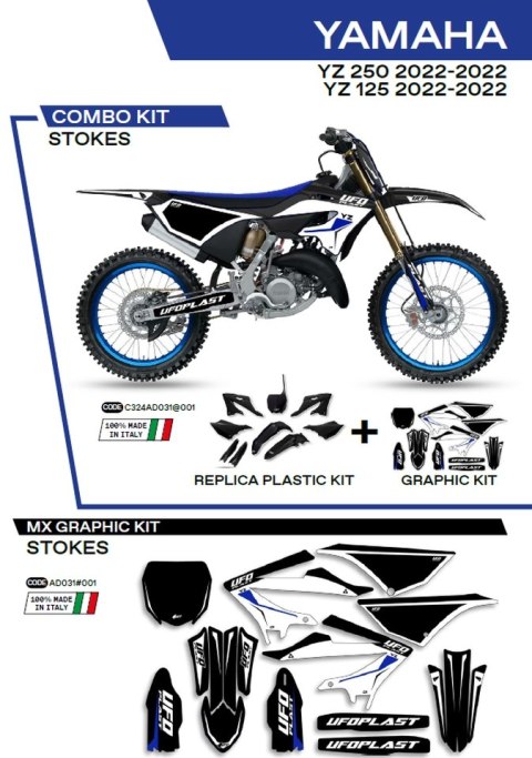 UFO KOMPLET PLASTIKÓW YAKIT324001 PLUS KOMPLET NAKLEJEK (OKLEIN) YAMAHA YZ 125/250 '22-'26, W ZESTAWIE PRZEDNIA TABLICA (YA04860