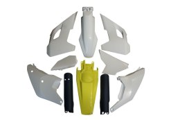 POLISPORT WYPRZEDAŻ KOMPLET PLASTIKÓW (FULL KIT) HUSQVARNA TE/FE TPI '24-'25 W ZESTAWIE OSŁONY AMORTYZATORÓW KOLOR OEM BIAŁY ŻÓŁ