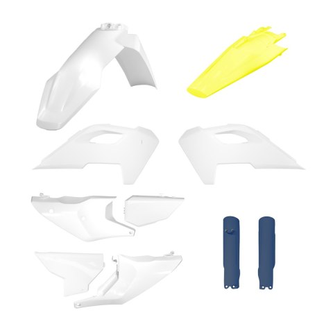 POLISPORT WYPRZEDAŻ KOMPLET PLASTIKÓW (FULL KIT) HUSQVARNA TE/FE TPI '24-'25 W ZESTAWIE OSŁONY AMORTYZATORÓW KOLOR OEM BIAŁY ŻÓŁ