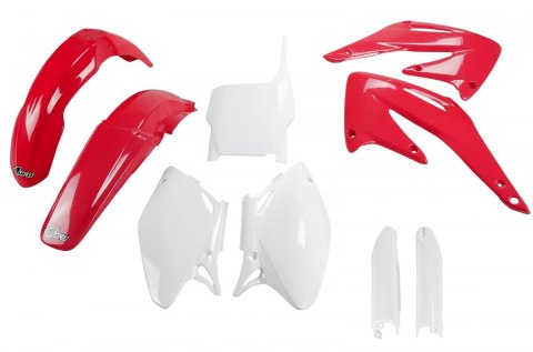 UFO KOMPLET PLASTIKÓW (FULL KIT) Z OSŁONAMI TELESKOPÓW (AMORTYZATORÓW) HONDA CRF 450 R '04 KOLOR OEM (CZERWONY/BIAŁY) (HO107E999