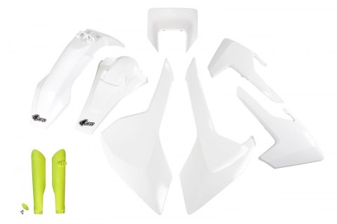 UFO KOMPLET PLASTIKÓW (FULL KIT) Z OSŁONAMI TELESKOPÓW (AMORTYZATORÓW) HUSQVARNA TX/TE/FE '17-'19 Z OSŁONĄ LAMPY KOLOR OEM (BIAŁ