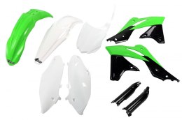 UFO KOMPLET PLASTIKÓW (FULL KIT) Z OSŁONAMI TELESKOPÓW (AMORTYZATORÓW) KAWASAKI KXF 250 '13-'16 KOLOR OEM '14-'15 (ZIELONY/BIAŁY