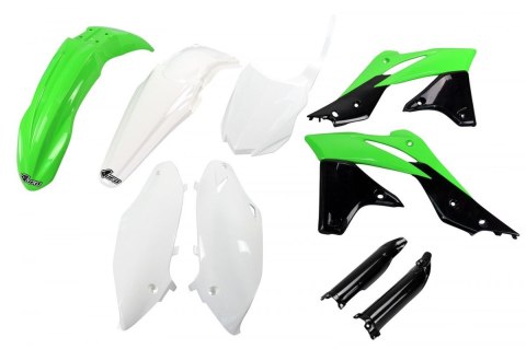 UFO KOMPLET PLASTIKÓW (FULL KIT) Z OSŁONAMI TELESKOPÓW (AMORTYZATORÓW) KAWASAKI KXF 250 '13-'16 KOLOR OEM '14-'15 (ZIELONY/BIAŁY