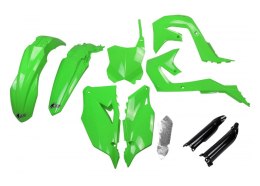 UFO KOMPLET PLASTIKÓW (FULL KIT) Z OSŁONAMI TELESKOPÓW (AMORTYZATORÓW) KAWASAKI KXF 250 '21-24, KXF 450 '19-23 KOLOR OEM ZIELONY