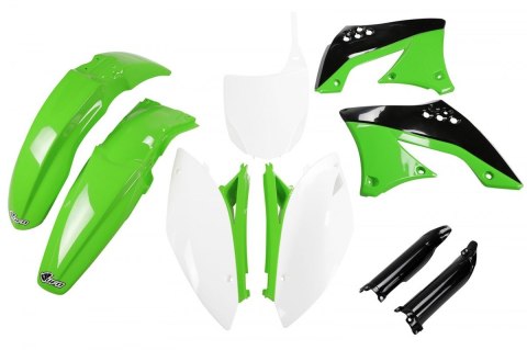 UFO KOMPLET PLASTIKÓW (FULL KIT) Z OSŁONAMI TELESKOPÓW (AMORTYZATORÓW) KAWASAKI KXF 450 '09-'11 KOLOR OEM '10-'11 (ZIELONY/BIAŁY