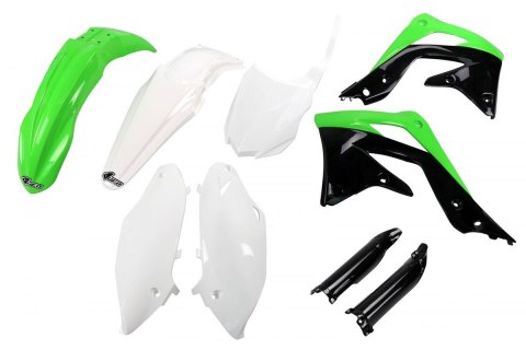 UFO KOMPLET PLASTIKÓW (FULL KIT) Z OSŁONAMI TELESKOPÓW (AMORTYZATORÓW) KAWASAKI KXF 450 '13-'15 KOLOR OEM (ZIELONY/BIAŁY/CZARNY)