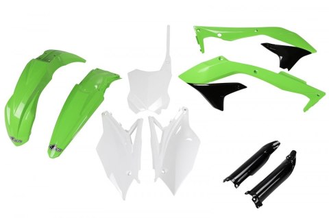 UFO KOMPLET PLASTIKÓW (FULL KIT) Z OSŁONAMI TELESKOPÓW (AMORTYZATORÓW) KAWASAKI KXF 450 '16-'17 KOLOR OEM (ZIELONY/BIAŁY/CZARNY)