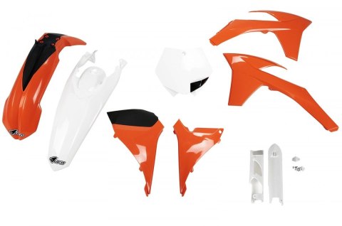 UFO KOMPLET PLASTIKÓW (FULL KIT) Z OSŁONAMI TELESKOPÓW (AMORTYZATORÓW) KTM SXF '11-'12, SX '12 KOLOR OEM (POMARAŃCZOWY/BIAŁY) (K