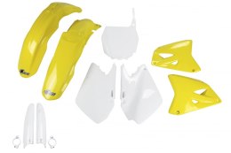 UFO KOMPLET PLASTIKÓW (FULL KIT) Z OSŁONAMI TELESKOPÓW (AMORTYZATORÓW) SUZUKI RM 125 '01-'22, RM 250 '01-'22 KOLOR OEM (BIAŁY/ŻÓ