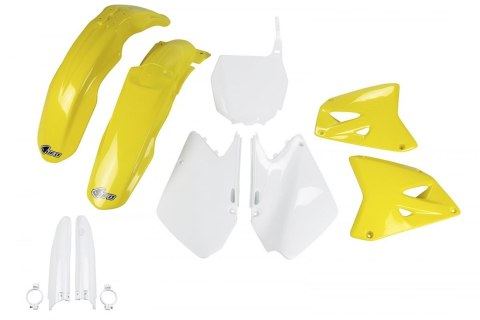 UFO KOMPLET PLASTIKÓW (FULL KIT) Z OSŁONAMI TELESKOPÓW (AMORTYZATORÓW) SUZUKI RM 125 '01-'22, RM 250 '01-'22 KOLOR OEM (BIAŁY/ŻÓ