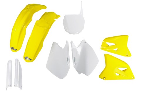 UFO KOMPLET PLASTIKÓW (FULL KIT) Z OSŁONAMI TELESKOPÓW (AMORTYZATORÓW) SUZUKI RM 125 / 250 '06-'24 KOLOR OEM ( BIAŁY / ŻÓŁTY )