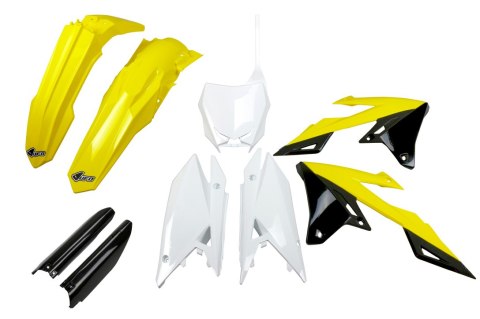 UFO KOMPLET PLASTIKÓW (FULL KIT) Z OSŁONAMI TELESKOPÓW (AMORTYZATORÓW) SUZUKI RMZ 250 '19-'25, RMZ 450 '18-'25 KOLOR OEM ( ŻÓŁTY