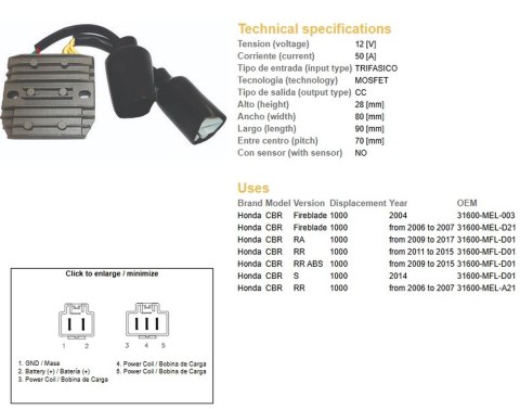 DZE REGULATOR NAPIĘCIA HONDA CBR 1000RR FIREBLADE '04-'15 (50A) (31600-MFL-D01; 31600-MEL-A21) (ESR680;ESR439)