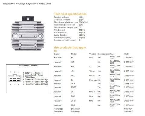 DZE REGULATOR NAPIĘCIA KAWASAKI VN 750 '94-'06; VN 1500 '96-'99; ZX 6 '93-'01; ZX-6R '95-'97; ZR-7 (RGU-404,ESR260) (21066-1089,