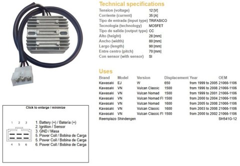 DZE REGULATOR NAPIĘCIA KAWASAKI W 650 '99-'05; VN 1500 VULCAN '96-'08; VN 1600 '00-'08 (21066-1106) (ESR264) (SH541G-12)