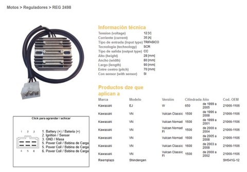 DZE REGULATOR NAPIĘCIA KAWASAKI W 650 '99-'05; VN 1500 VULCAN '96-'08; VN 1600 '00-'08 (21066-1106) (ESR264) (SH541G-12)