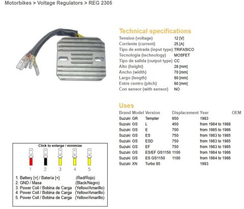 DZE REGULATOR NAPIĘCIA SUZUKI GS 450L '84-'88; GS 700E '85-'86; GS 750ES/EF/ESD '83-'85; GS 1100ES/EF '84-'86; GR 650 TEMPTER '8