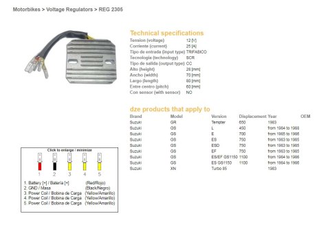 DZE REGULATOR NAPIĘCIA SUZUKI GS 450L '84-'88; GS 700E '85-'86; GS 750ES/EF/ESD '83-'85; GS 1100ES/EF '84-'86; GR 650 TEMPTER '8