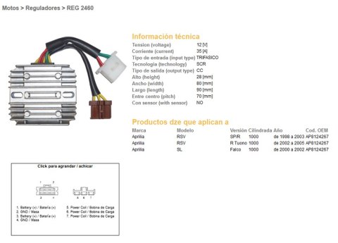 DZE REGULATOR NAPIĘCIA APRILIA RSV 1000R TUONO '02-'05; RSV 1000SP/R '98-'03; SL 1000 FALCO '00-'02 (35A) 7 KABLI (ESR912)