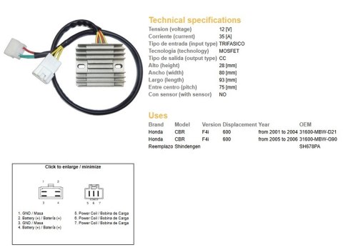 DZE REGULATOR NAPIĘCIA HONDA CBR 600F F4 '01-'06 (35A) (31600-MBW-D21) (ESR431) (SH678PA)