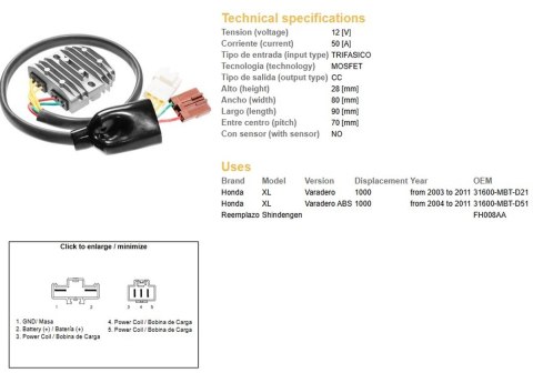 DZE REGULATOR NAPIĘCIA HONDA XL 1000V VARADERO '03-'11 (31600-MBT-D21) MOSFET (50A) (FH008AA)
