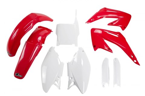 UFO KOMPLET PLASTIKÓW (FULL KIT) Z OSŁONAMI TELESKOPÓW (AMORTYZATORÓW) HONDA CR 125/250 '04-'07 KOLOR OEM (CZERWONY/BIAŁY) (HO10