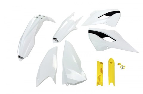 UFO KOMPLET PLASTIKÓW (FULL KIT) Z OSŁONAMI TELESKOPÓW (AMORTYZATORÓW) HUSQVARNA TE/FE 125/250/300/350/450 '14 KOLOR OEM (BIAŁY)