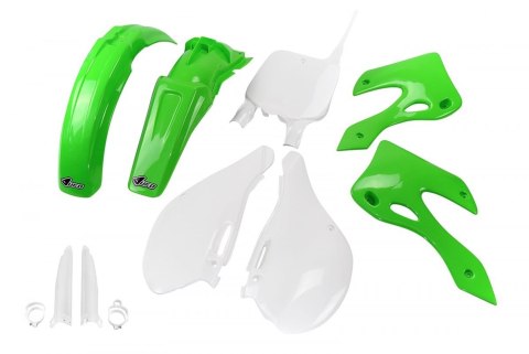 UFO KOMPLET PLASTIKÓW (FULL KIT) Z OSŁONAMI TELESKOPÓW (AMORTYZATORÓW) KAWASAKI KX 125 / 250 '99-'02 KOLOR OEM (ZIELONY/BIAŁY) (