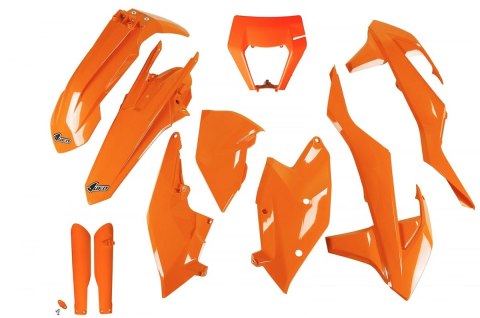 UFO KOMPLET PLASTIKÓW (FULL KIT) Z OSŁONAMI TELESKOPÓW (AMORTYZATORÓW) KTM EXC/EXC-F TPI '17-'19 Z OSŁONĄ LAMPY KOLOR POMARAŃCZO