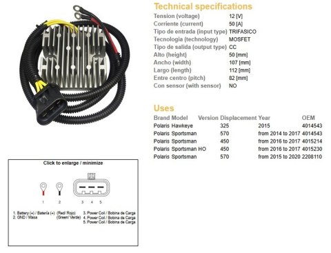 DZE REGULATOR NAPIĘCIA POLARIS SPORTSMAN 450 '16-'17; 570 '14-'20; HAWKAYE 325 '15 (4014543; 4015214; 4015230) (50A_